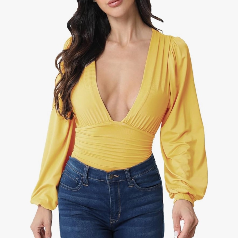 Chic Yellow Deep V-Neck Blouse